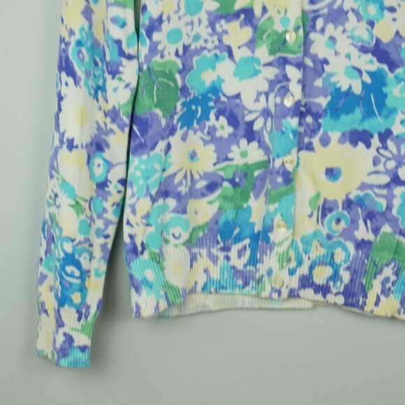 LL Bean‎ Floral Cardigan Sweater Pastel Blue Purple Yellow Green Size Medium - Picture 3 of 8